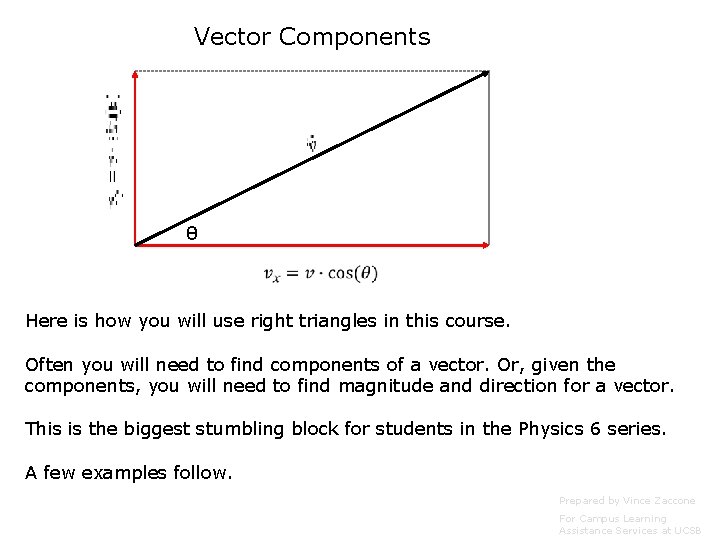 Vector Components θ Here is how you will use right triangles in this course. Vector Components θ Here is how you will use right triangles in this course.