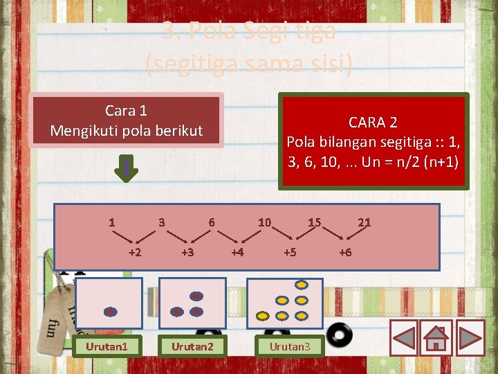 3. Pola Segi tiga (segitiga sama sisi) Cara 1 Mengikuti pola berikut 1 3