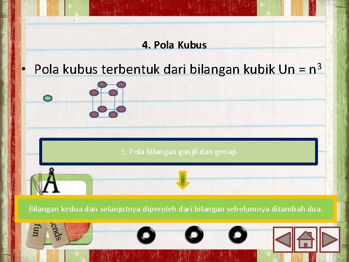 4. Pola Kubus • Pola kubus terbentuk dari bilangan kubik Un = n 3