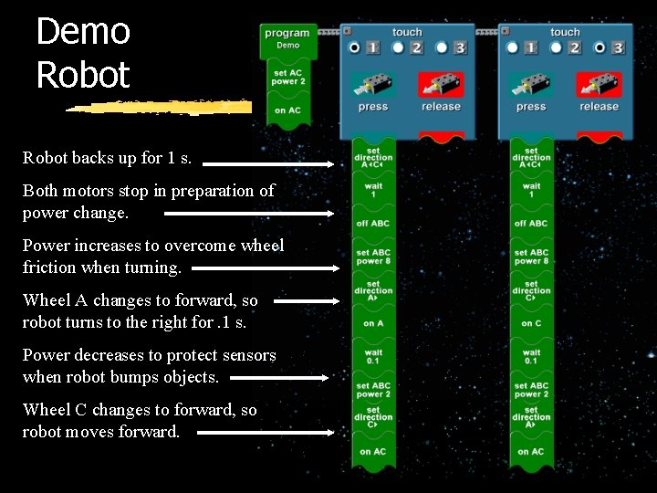 Demo Robot backs up for 1 s. Both motors stop in preparation of power