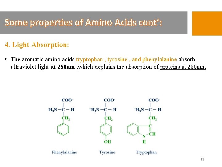 Some properties of Amino Acids cont’: 4. Light Absorption: • The aromatic amino acids