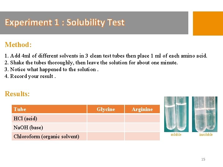 Experiment 1 : Solubility Test Method: 1. Add 4 ml of different solvents in