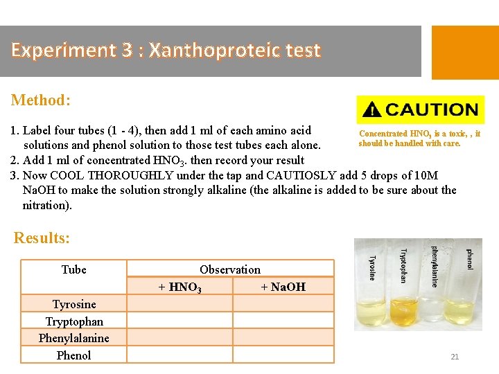 Experiment 3 : Xanthoproteic test Method: 1. Label four tubes (1 - 4), then