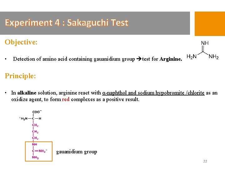 Experiment 4 : Sakaguchi Test Objective: • Detection of amino acid containing gauanidium group