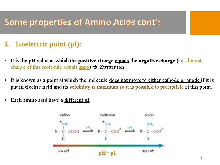 Some properties of Amino Acids cont’: 2. Isoelectric point (p. I): • It is