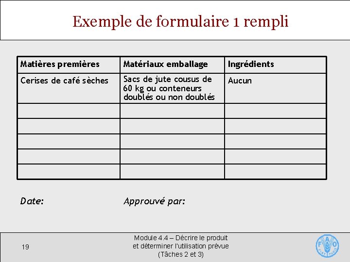 Exemple de formulaire 1 rempli Matières premières Matériaux emballage Ingrédients Cerises de café sèches