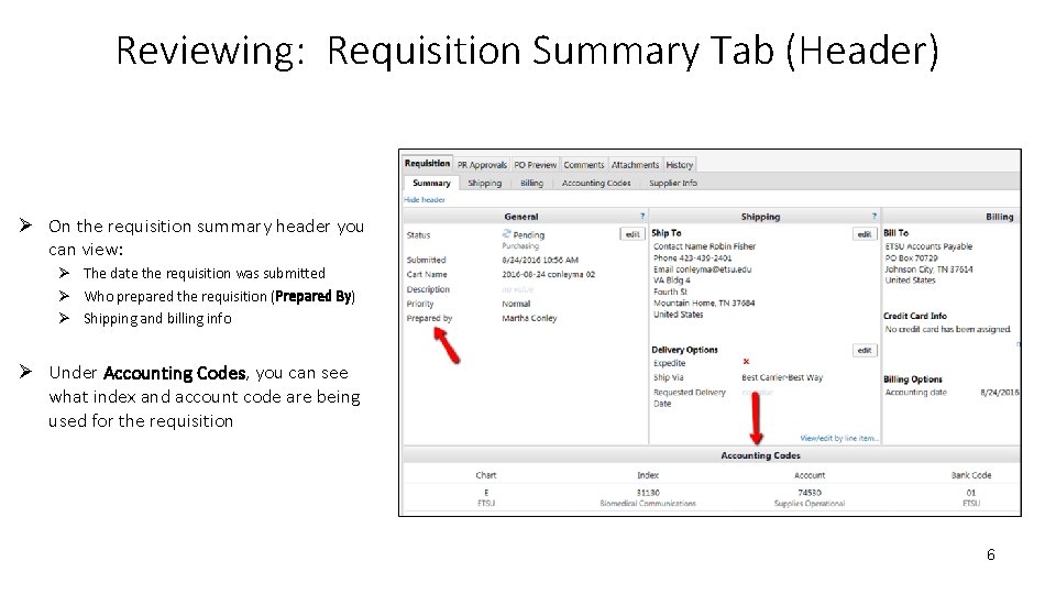 Reviewing: Requisition Summary Tab (Header) Ø On the requisition summary header you can view: