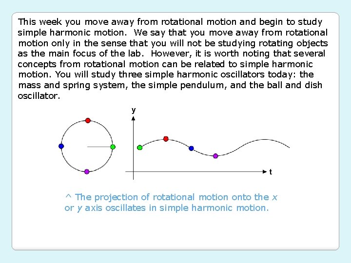 This week you move away from rotational motion and begin to study simple harmonic
