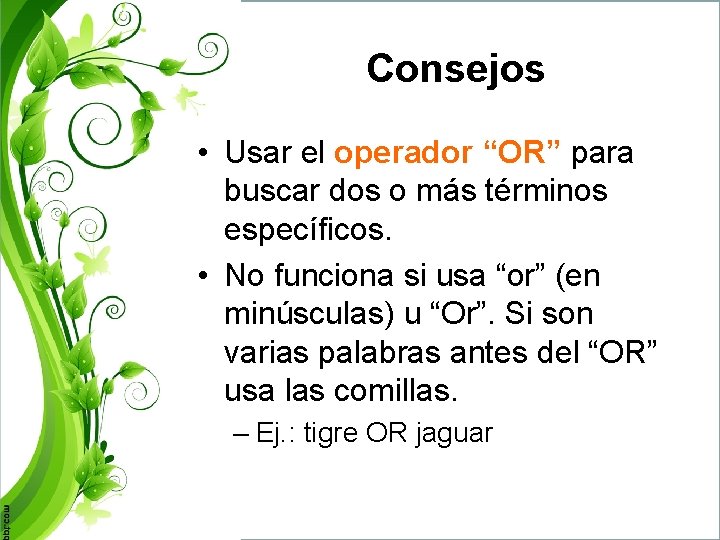 Consejos • Usar el operador “OR” para buscar dos o más términos específicos. •