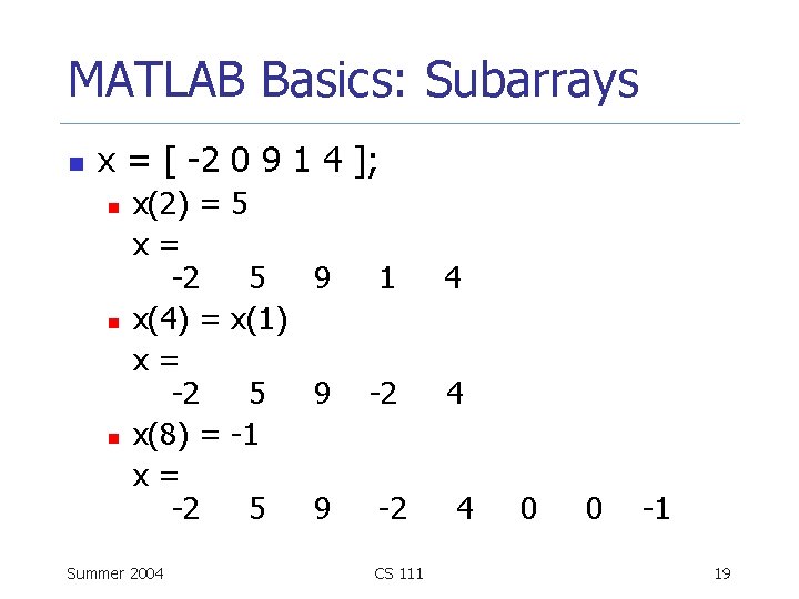 MATLAB Basics: Subarrays n x = [ -2 0 9 1 4 ]; n
