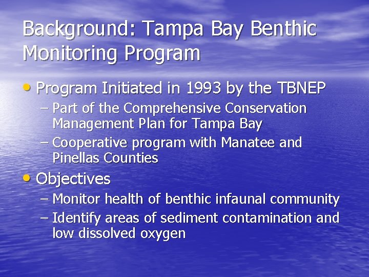 Background: Tampa Bay Benthic Monitoring Program • Program Initiated in 1993 by the TBNEP