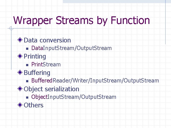 Wrapper Streams by Function Data conversion n Data. Input. Stream/Output. Stream Printing n Print. Wrapper Streams by Function Data conversion n Data. Input. Stream/Output. Stream Printing n Print.