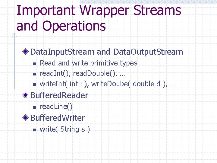 Important Wrapper Streams and Operations Data. Input. Stream and Data. Output. Stream n n Important Wrapper Streams and Operations Data. Input. Stream and Data. Output. Stream n n
