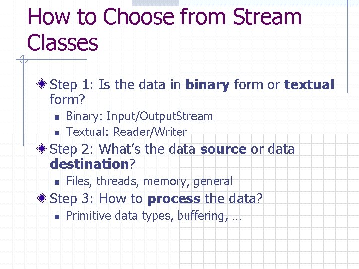 How to Choose from Stream Classes Step 1: Is the data in binary form How to Choose from Stream Classes Step 1: Is the data in binary form