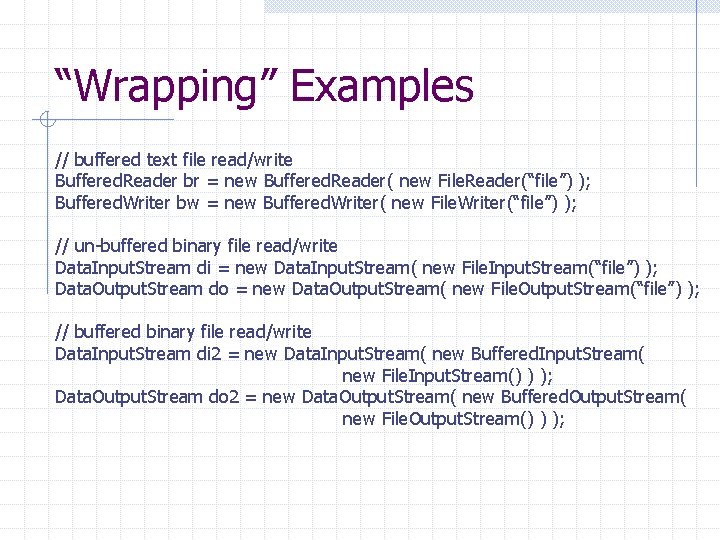 “Wrapping” Examples // buffered text file read/write Buffered. Reader br = new Buffered. Reader( “Wrapping” Examples // buffered text file read/write Buffered. Reader br = new Buffered. Reader(