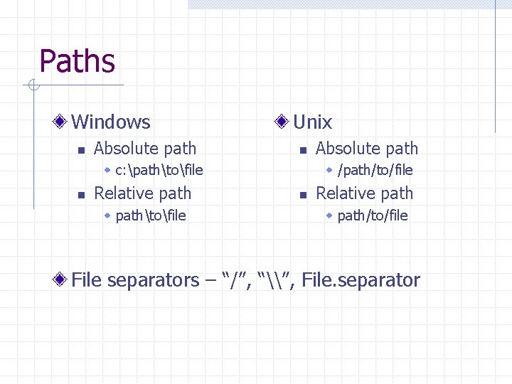 Paths Windows n Absolute path Unix n w c: pathtofile n Relative path w Paths Windows n Absolute path Unix n w c: pathtofile n Relative path w