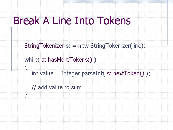 Break A Line Into Tokens String. Tokenizer st = new String. Tokenizer(line); while( st. Break A Line Into Tokens String. Tokenizer st = new String. Tokenizer(line); while( st.