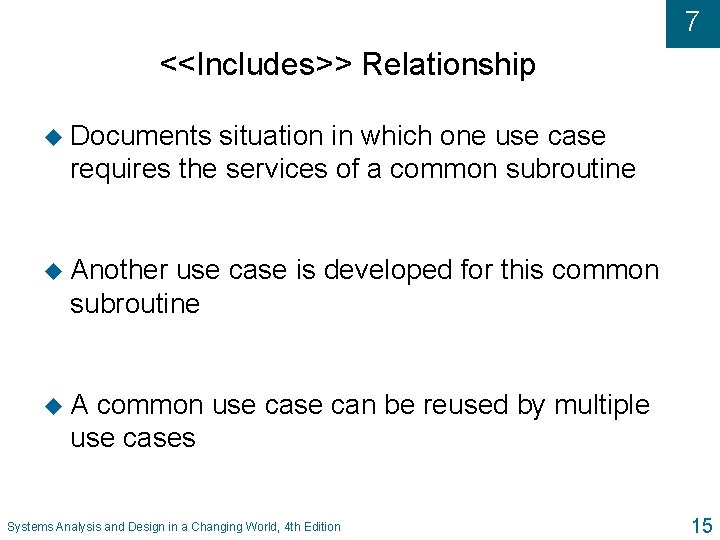7 <<Includes>> Relationship u Documents situation in which one use case requires the services 7 <<Includes>> Relationship u Documents situation in which one use case requires the services