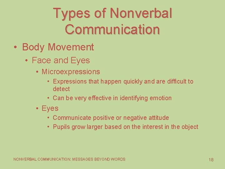 Types of Nonverbal Communication • Body Movement • Face and Eyes • Microexpressions • Types of Nonverbal Communication • Body Movement • Face and Eyes • Microexpressions •