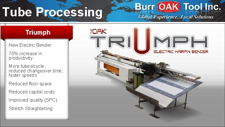 Tube Processing Triumph New Electric Bender 70% increase in productivity More tubes/cycle, reduced changeover