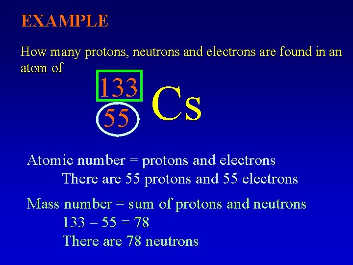 EXAMPLE How many protons, neutrons and electrons are found in an atom of 133