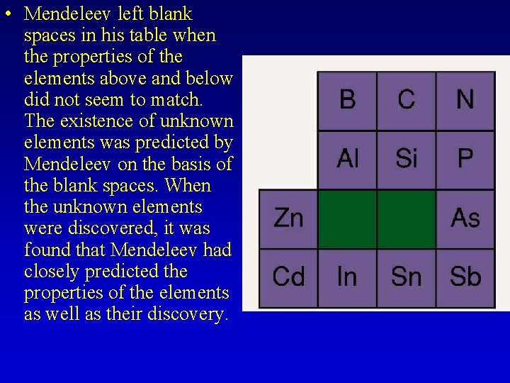  • Mendeleev left blank spaces in his table when the properties of the