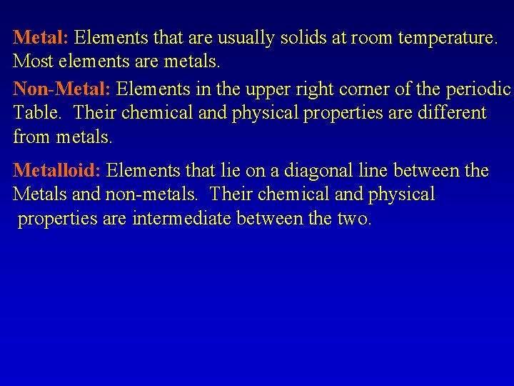 Metal: Elements that are usually solids at room temperature. Most elements are metals. Non-Metal: