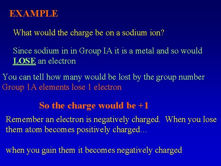 EXAMPLE What would the charge be on a sodium ion? Since sodium in in