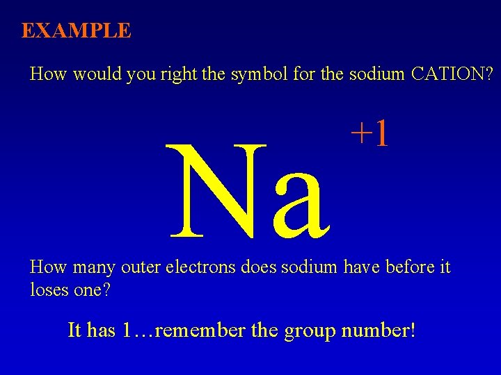 EXAMPLE How would you right the symbol for the sodium CATION? Na +1 How