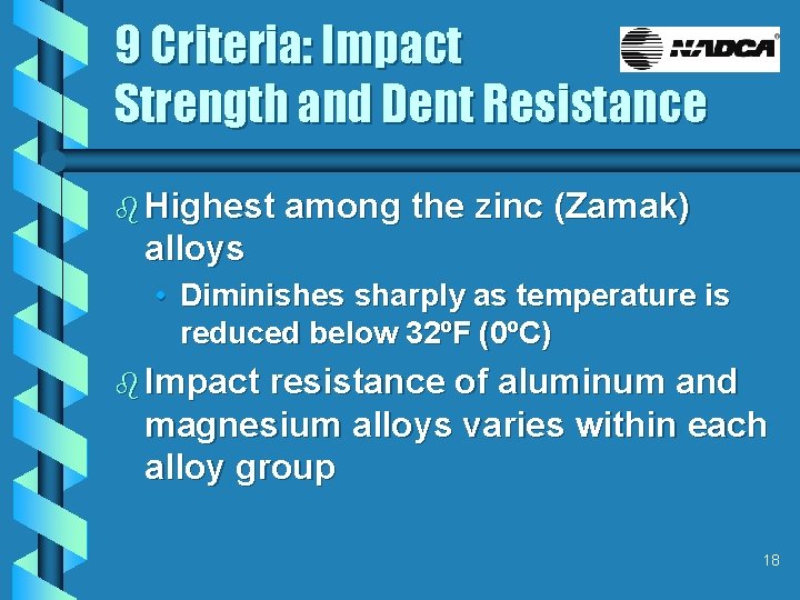 9 Criteria: Impact Strength and Dent Resistance b Highest among the zinc (Zamak) alloys