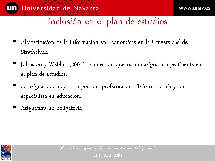 Inclusión en el plan de estudios § Alfabetización de la información en Económicas en