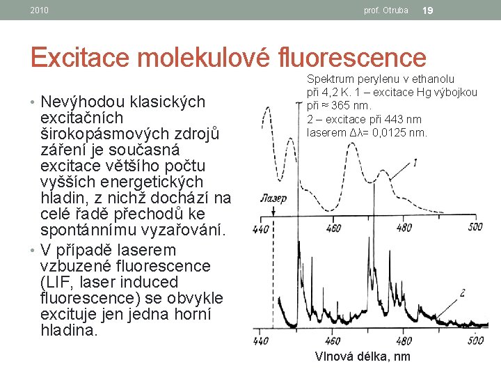 2010 prof. Otruba 19 Excitace molekulové fluorescence • Nevýhodou klasických excitačních širokopásmových zdrojů záření