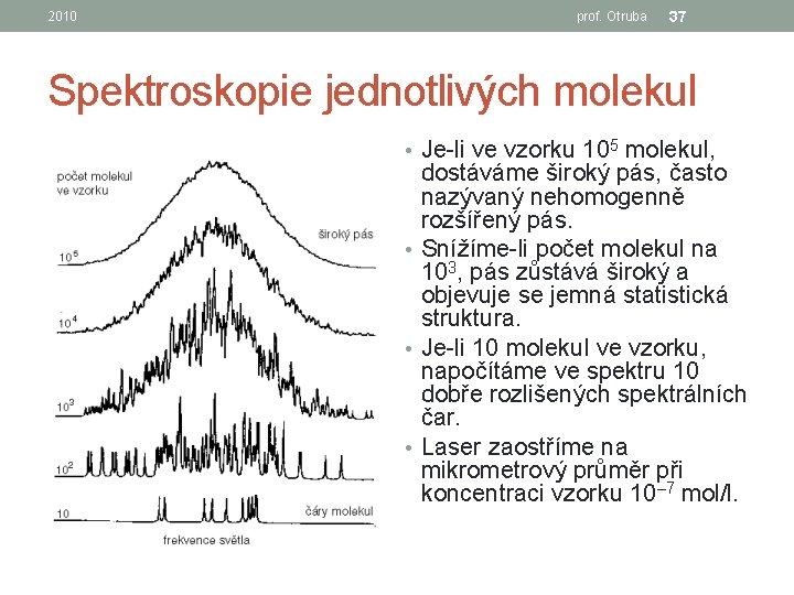 2010 prof. Otruba 37 Spektroskopie jednotlivých molekul • Je-li ve vzorku 105 molekul, dostáváme