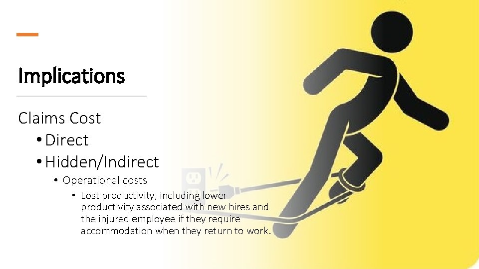 Implications Claims Cost • Direct • Hidden/Indirect • Operational costs • Lost productivity, including