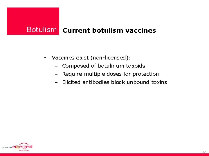 Botulism Current botulism vaccines Vaccines exist (non-licensed): – Composed of botulinum toxoids – Require