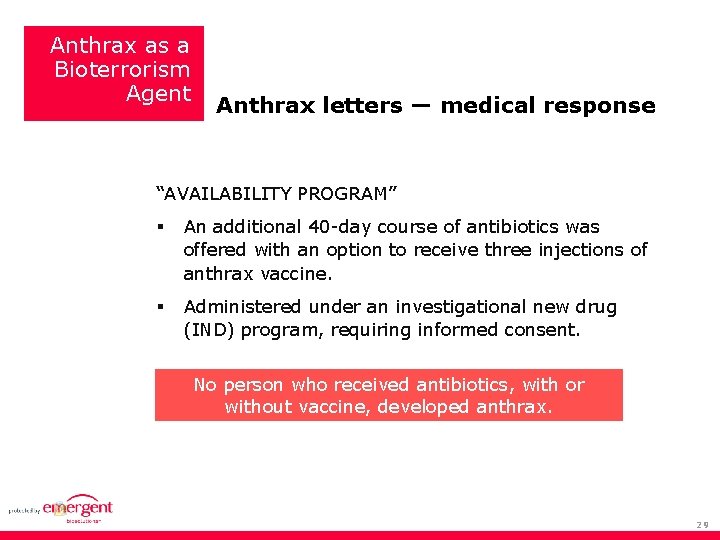 Anthrax as a Bioterrorism Agent Anthrax letters — medical response “AVAILABILITY PROGRAM” An additional