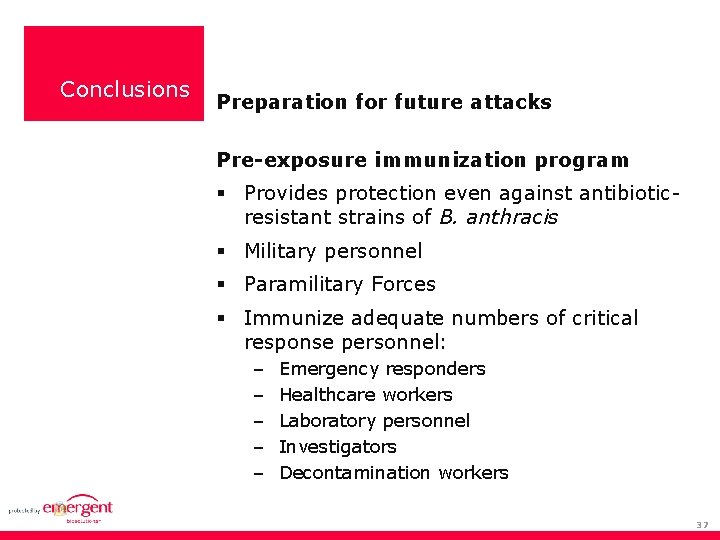 Conclusions Preparation for future attacks Pre-exposure immunization program Provides protection even against antibioticresistant strains