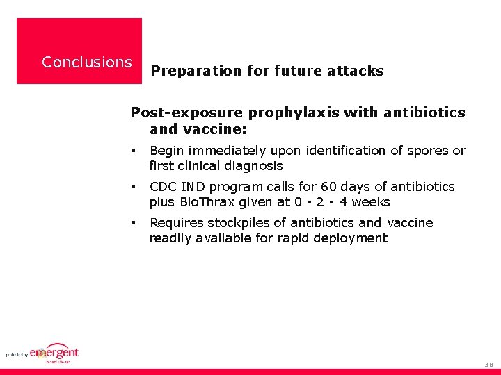 Conclusions Preparation for future attacks Post-exposure prophylaxis with antibiotics and vaccine: Begin immediately upon
