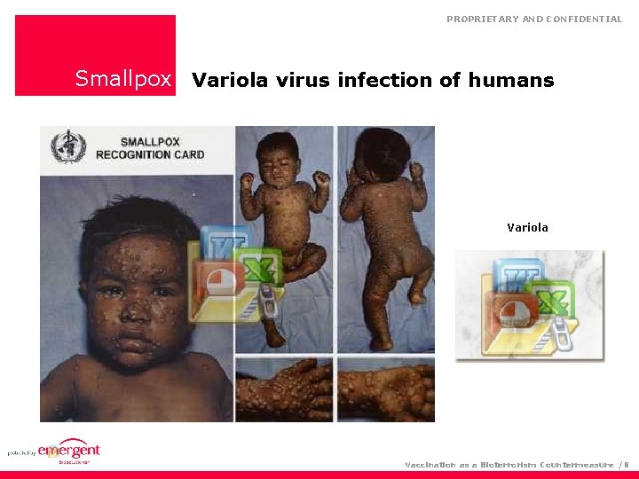 PROPRIETARY AND CONFIDENTIAL Smallpox Variola virus infection of humans Variola Vaccination as a Bioterrorism