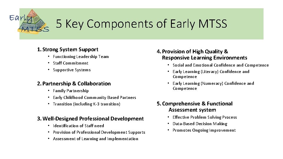 5 Key Components of Early MTSS 1. Strong System Support • Functioning Leadership Team 5 Key Components of Early MTSS 1. Strong System Support • Functioning Leadership Team