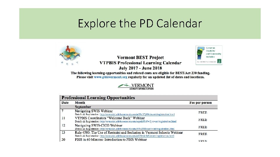 Explore the PD Calendar Explore the PD Calendar