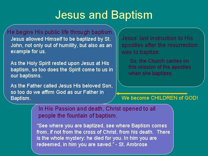 Jesus and Baptism He begins His public life through baptism. Jesus allowed Himself to