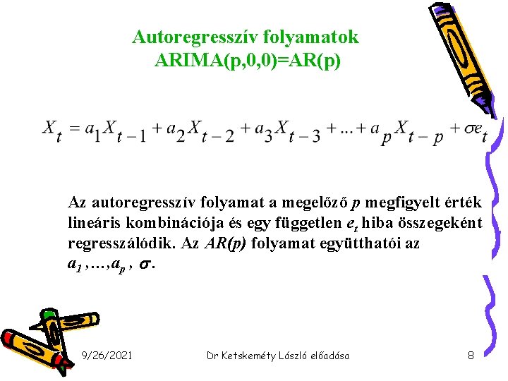 Autoregresszív folyamatok ARIMA(p, 0, 0)=AR(p) Az autoregresszív folyamat a megelőző p megfigyelt érték lineáris