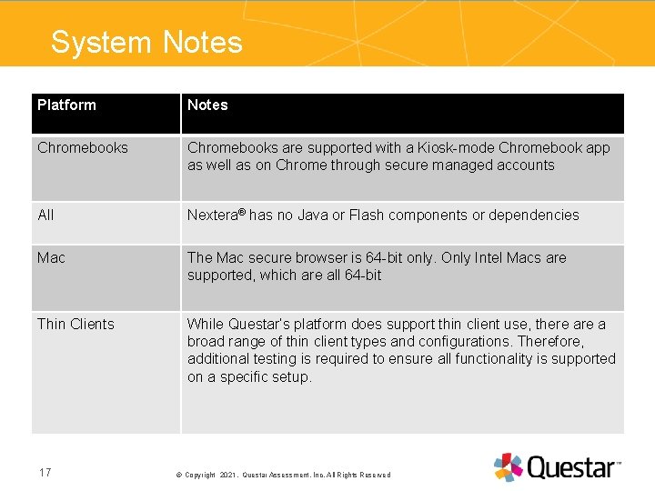 System Notes Platform Notes Chromebooks are supported with a Kiosk-mode Chromebook app as well