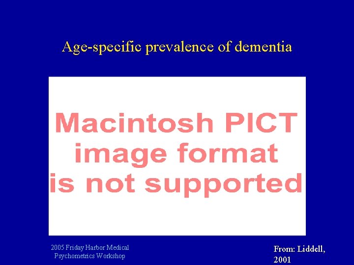 Age-specific prevalence of dementia 2005 Friday Harbor Medical Psychometrics Workshop From: Liddell, 2001 