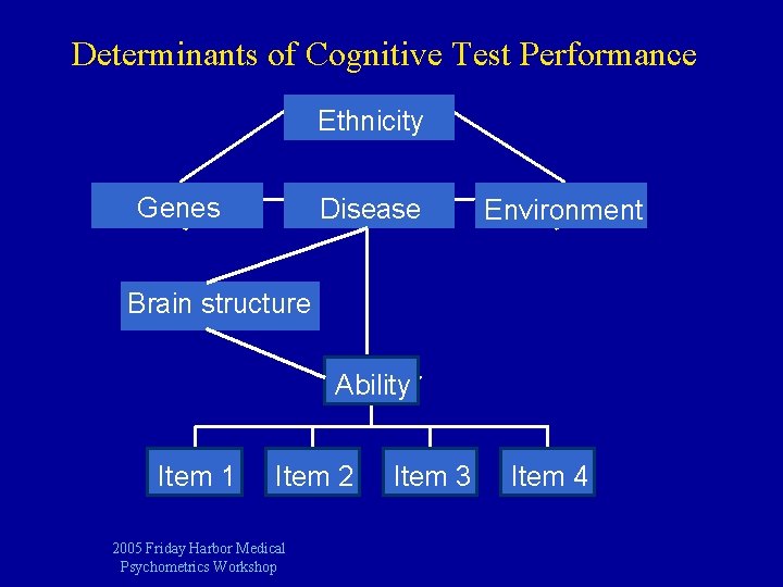 Determinants of Cognitive Test Performance Ethnicity Genes Disease Environment Brain structure Ability Item 1