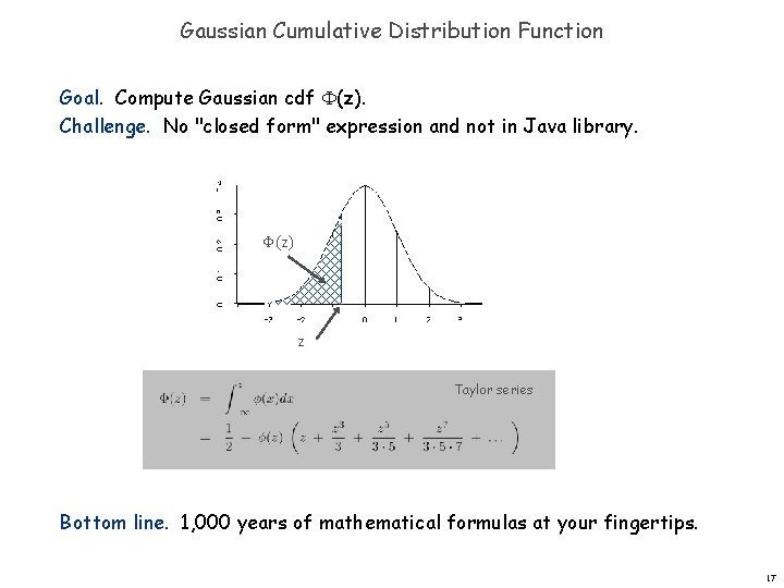 Gaussian Cumulative Distribution Function Goal. Compute Gaussian cdf (z). Challenge. No "closed form" expression