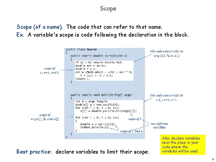 Scope (of a name). The code that can refer to that name. Ex. A