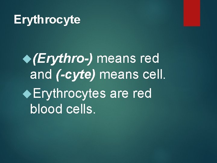 Erythrocyte (Erythro-) means red and (-cyte) means cell. Erythrocytes are red blood cells. 