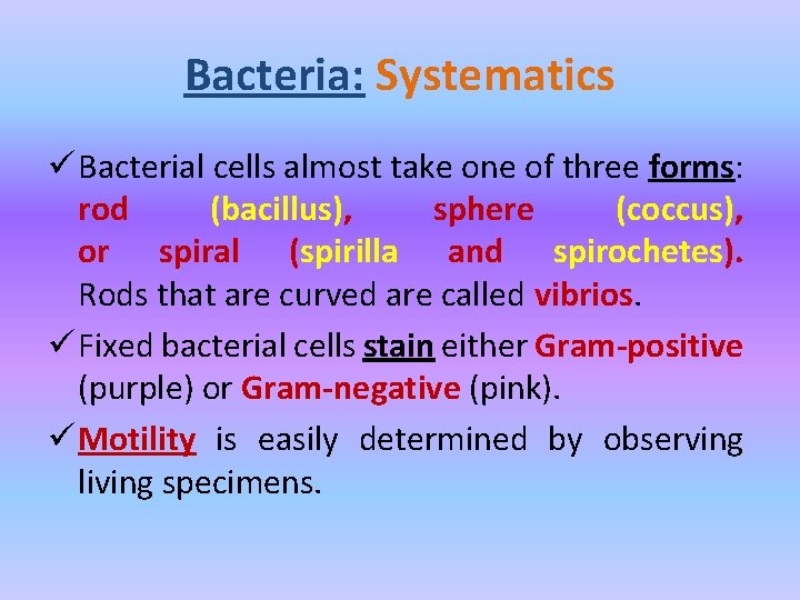 Bacteria: Systematics ü Bacterial cells almost take one of three forms: rod (bacillus), sphere